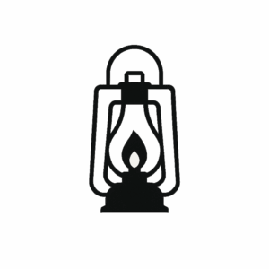 Minimalist black silhouette of a vintage hurricane lamp with a flame centered inside.