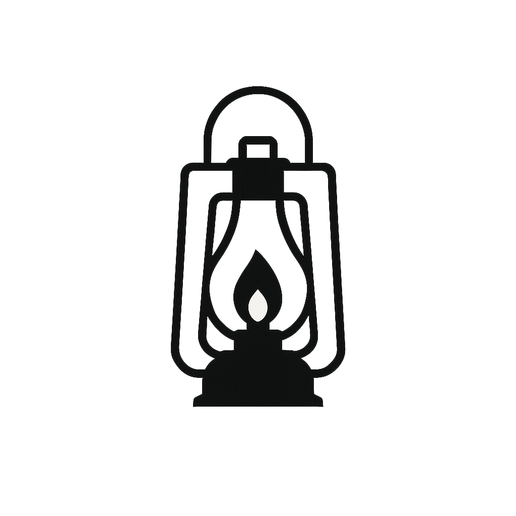 Minimalist black silhouette of a vintage hurricane lamp with a flame centered inside.